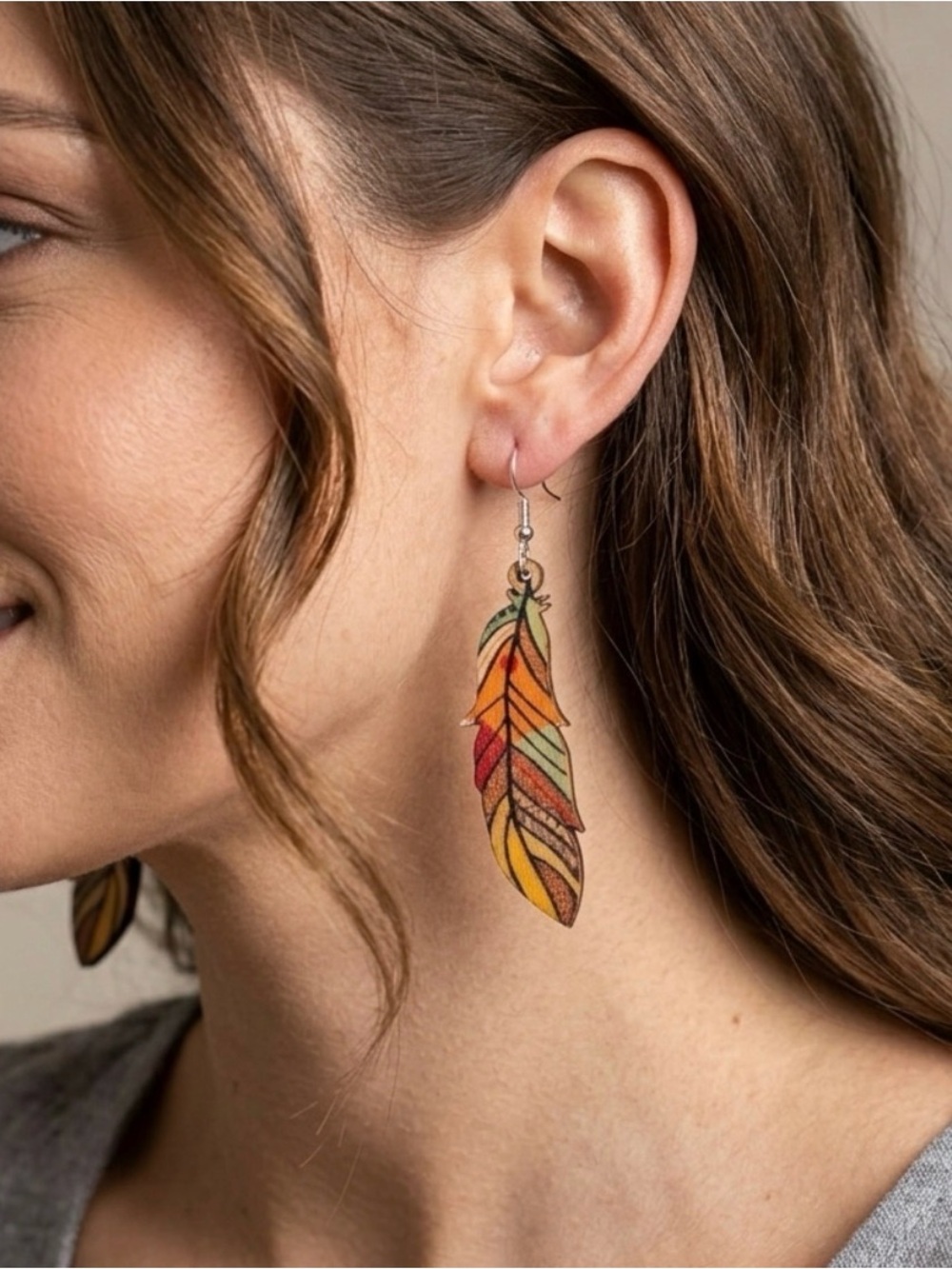 Handcrafted Multicolor Feather Drop Earrings — Autumn Tones